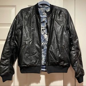BlankNYC Reversible Bomber Jacket, Blue Floral and Black Faux Leather